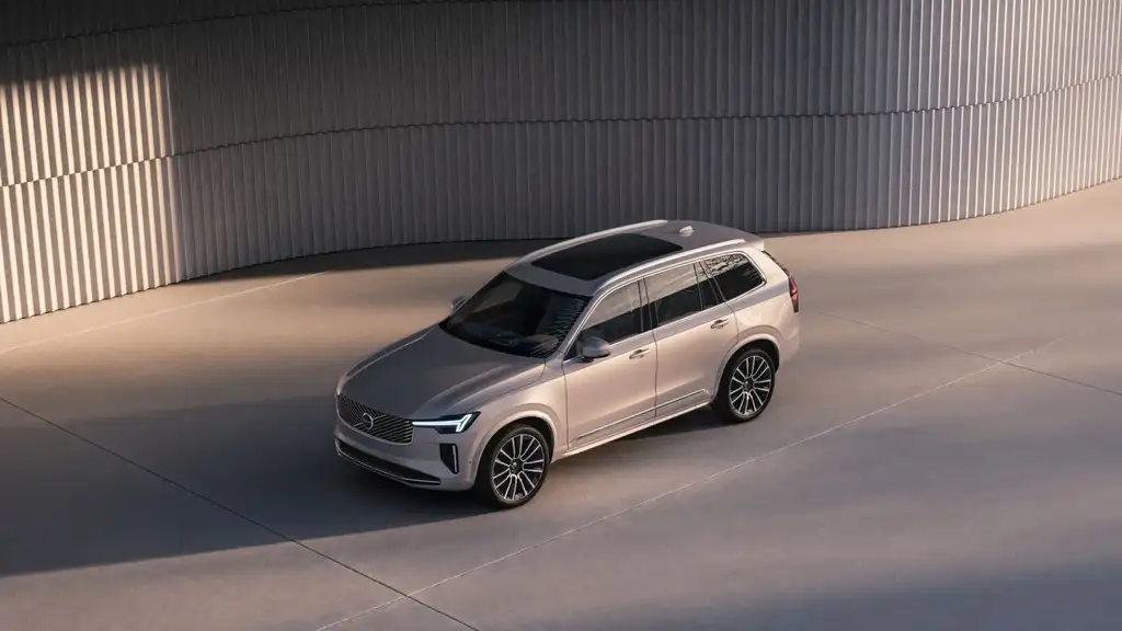 2026 Volvo XC90 silver SUV aerial view parked near Asheville NC