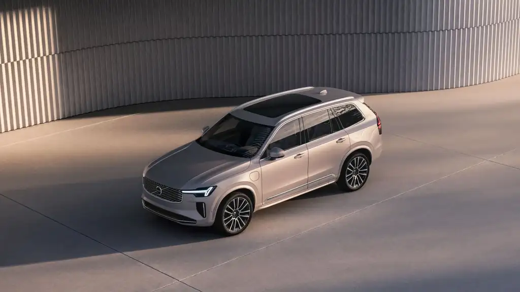 2026 Volvo XC90 plug-in hybrid silver SUV aerial exterior view near Asheville NC