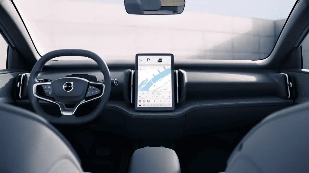 2026 Volvo EX30 vertical touchscreen infotainment display and minimalist dashboard view