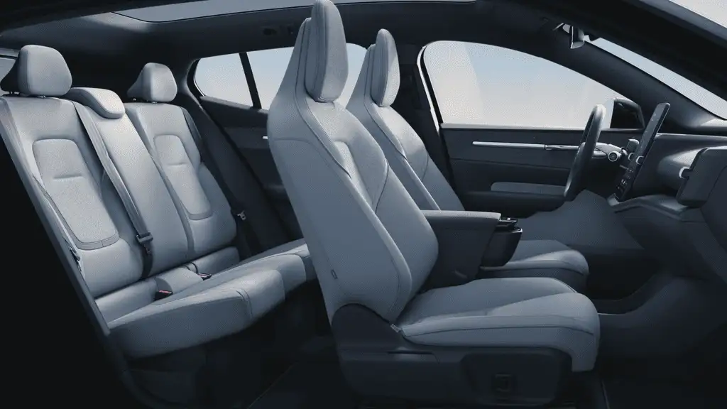2026 Volvo EX30 light gray full cabin seating layout side profile interior view