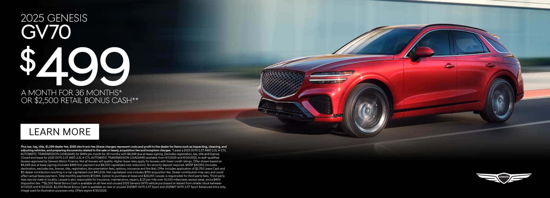 2025 Genesis GV70 $499 a month for 36 Months* OR $2,500 Retail Bonus Cash**