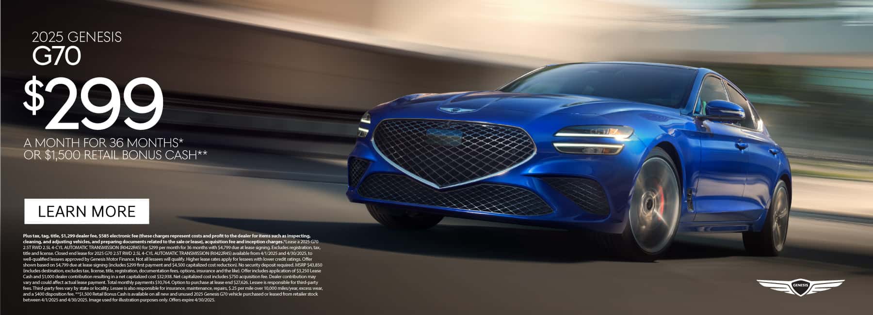 2025 Genesis G70 $299 a month for 36 Months* or $1,500 Retail Bonus Cash**