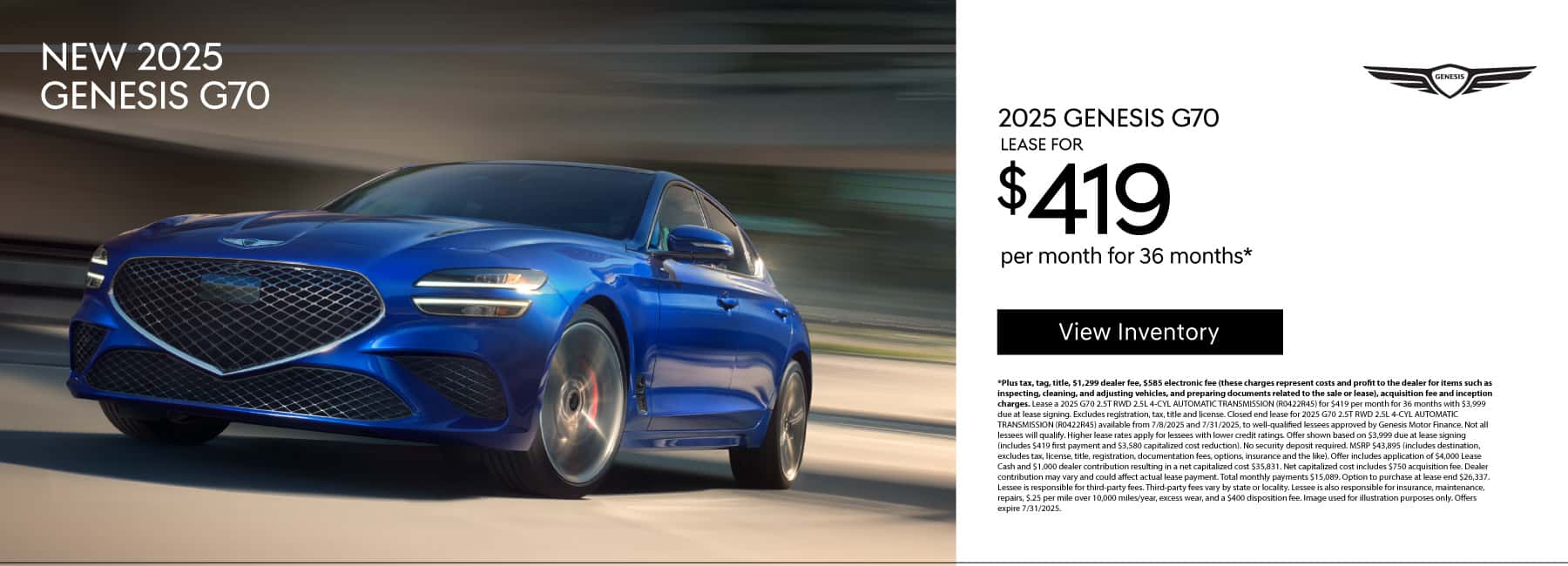 New 2025 Gensis G70 Lease for $419 a month for 36 Months*