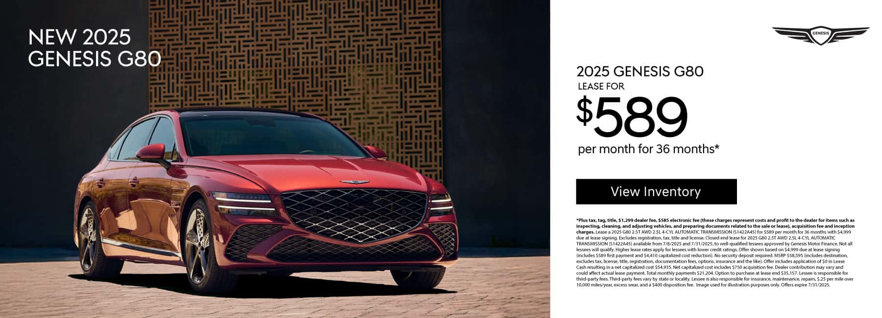 New 2025 Gensis G80 Lease for $589 a month for 36 Months*