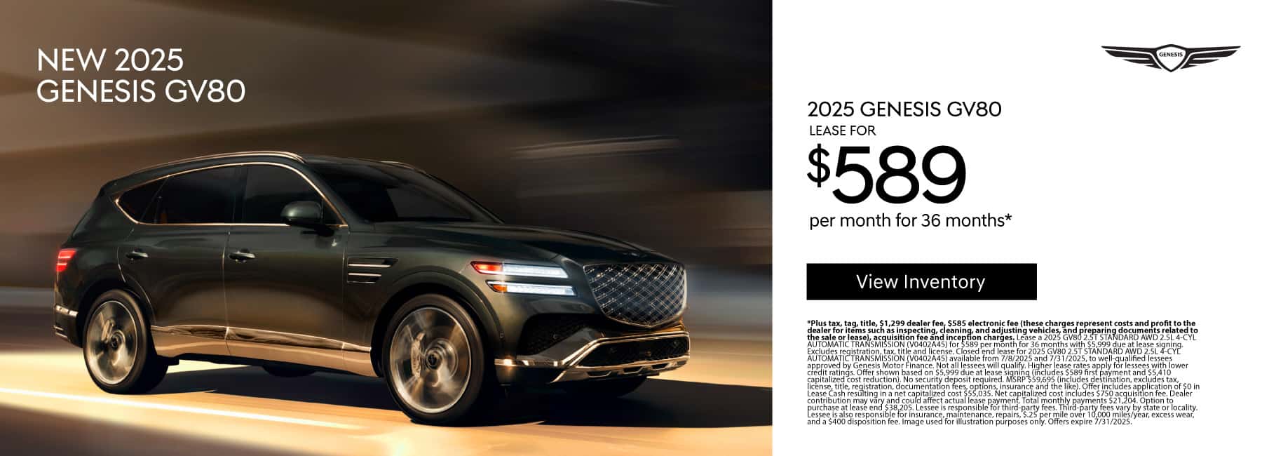 New 2025 Gensis GV80 Lease for $589 a month for 36 Months*