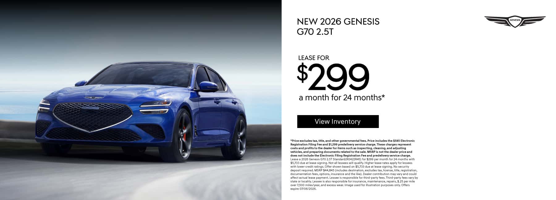 New 2026 Genesis G70 2.5T Lease for $299 a month for 24 Months*