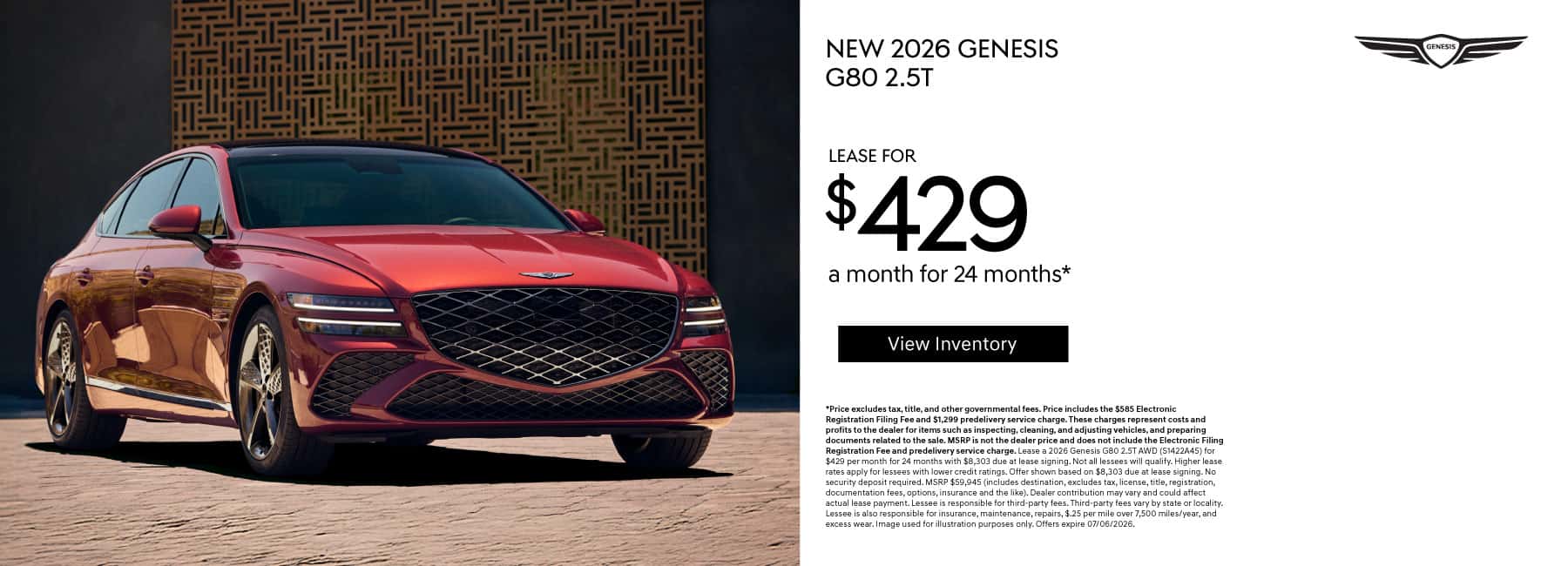 New 2026 Genesis G80 2.5T Lease for $429 a month for 24 months*