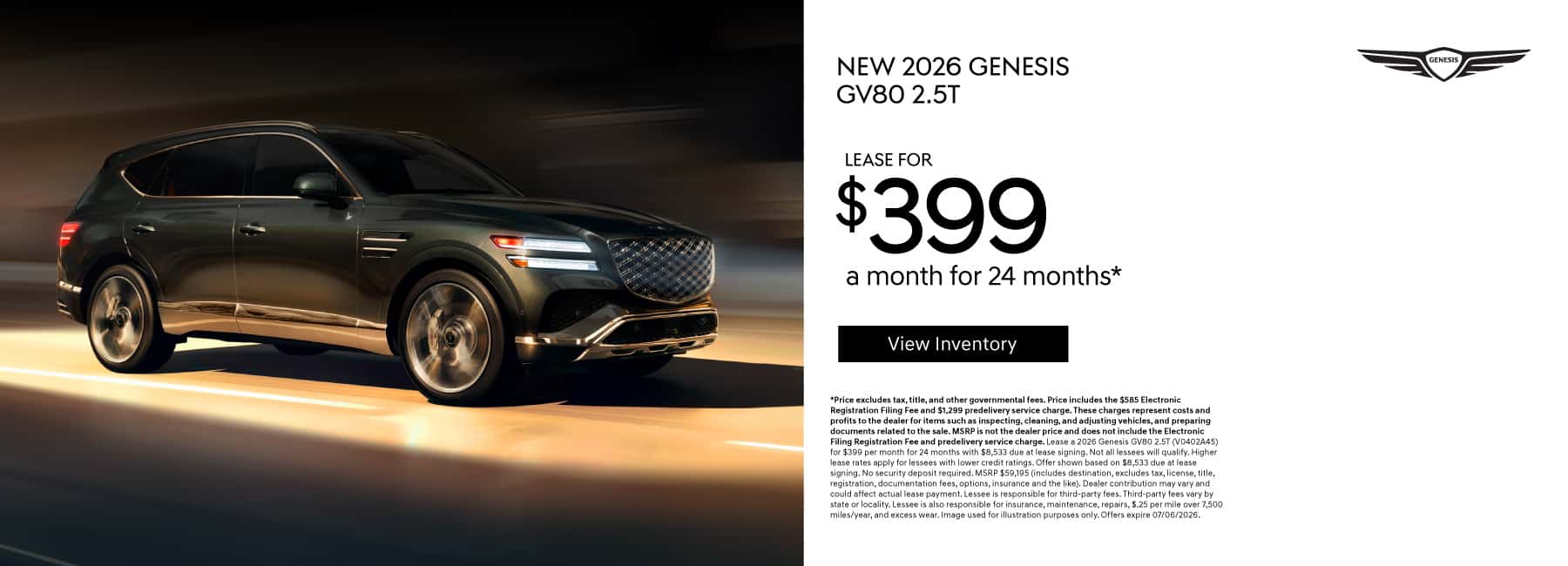 New 2026 Genesis GV80 2.5T Lease for $399 a month for 24 Months*