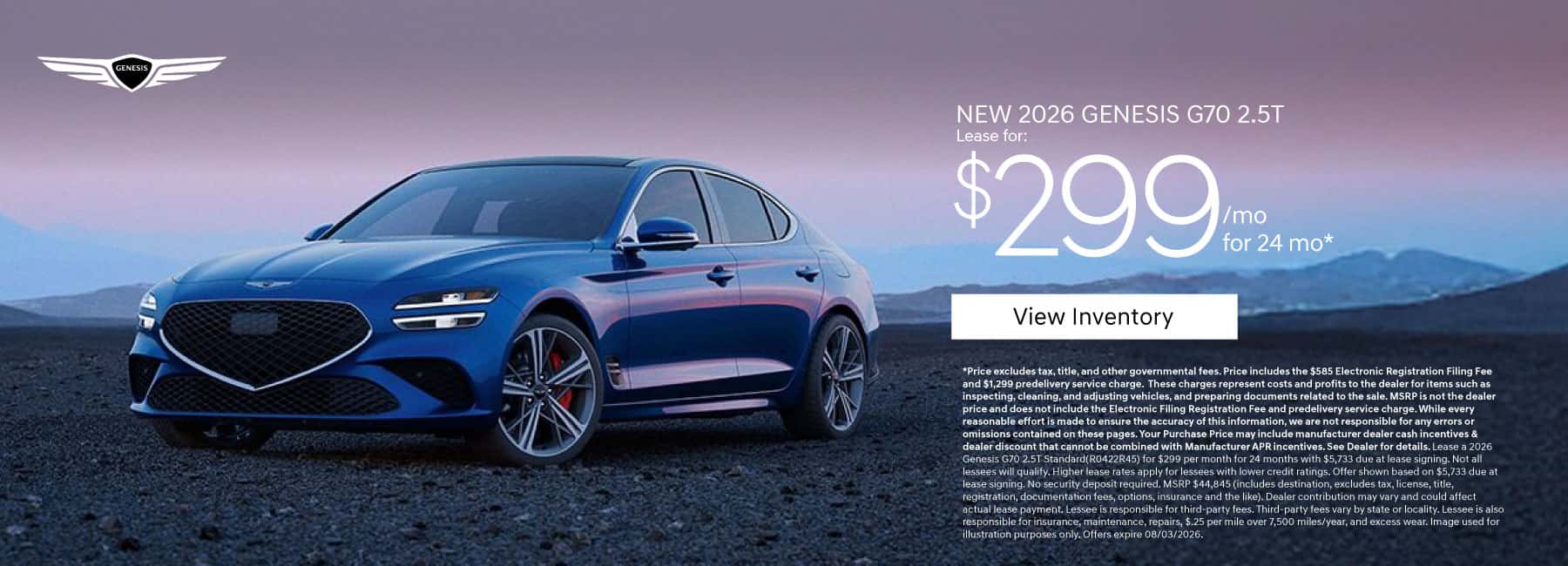New 2026 Genesis G70 2.5T Lease for $299 a month for 24 Months*