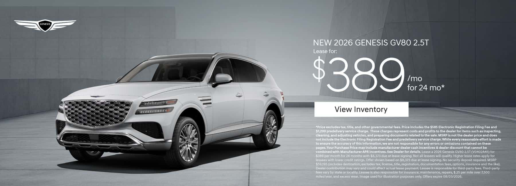 New 2026 Genesis GV80 2.5T Lease for $389 a month for 24 Months*