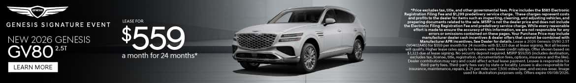 New 2026 Genesis GV80 2.5T Lease for $559 a month for 24 Months*