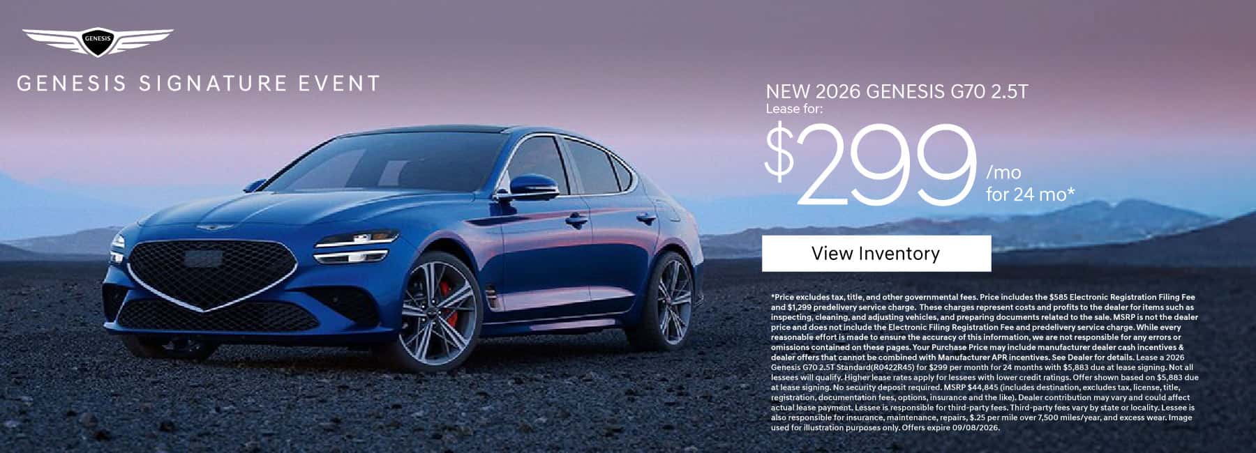 New 2026 Genesis G70 2.5T Lease for $299 a month for 24 Months*