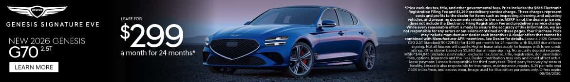New 2026 Genesis G70 2.5T Lease for $299 a month for 24 Months*
