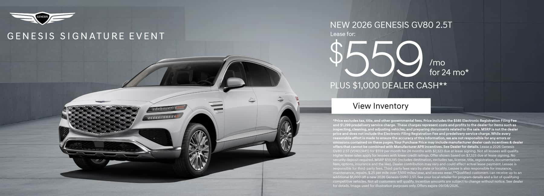 New 2026 Genesis GV80 2.5T Lease for $559 a month for 24 Months* PLUS $1,000 Delaer Cash**