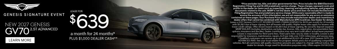New 2027 Genesis GV70 2.5T Advanced Lease for $639 a month for 24 months* PLUS $1,000 Dealer Cash**