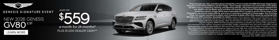 New 2026 Genesis GV80 2.5T Lease for $559 a month for 24 Months* PLUS $1,000 Delaer Cash**
