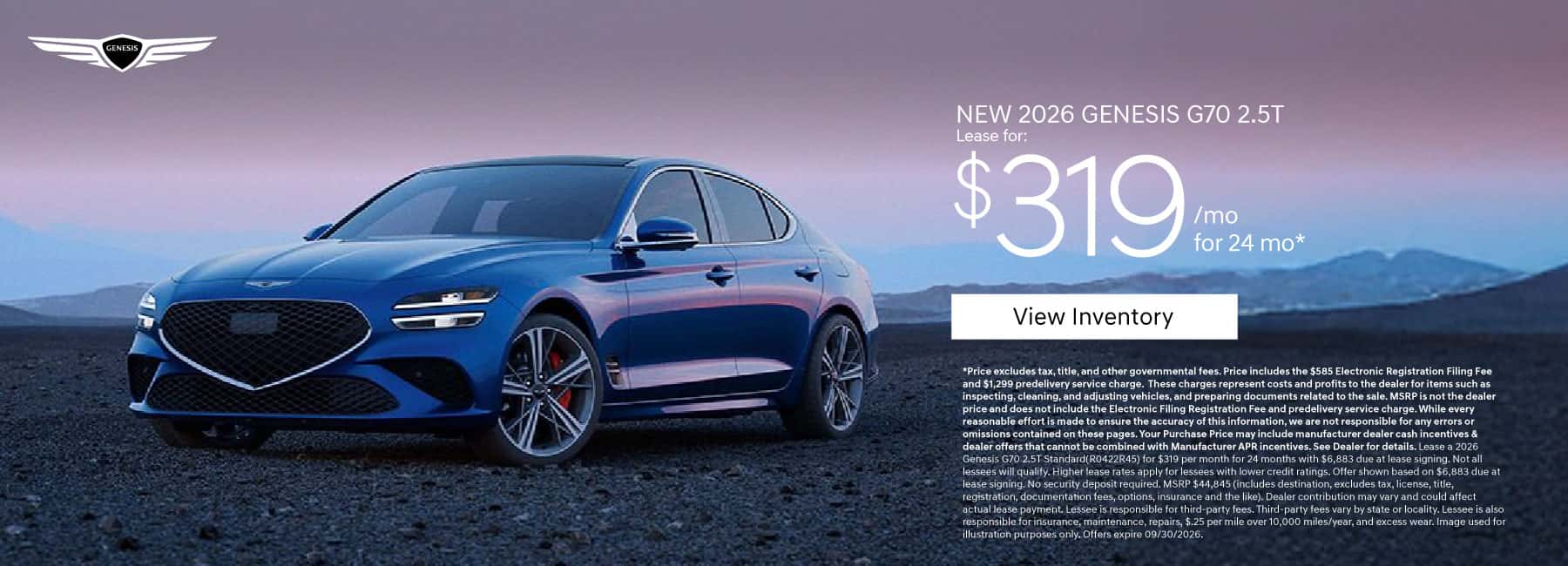 New 2026 Genesis G70 2.5T Lease for $319 a month for 24 Months*