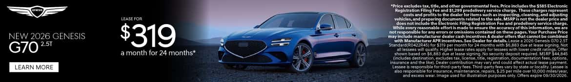 New 2026 Genesis G70 2.5T Lease for $319 a month for 24 Months*