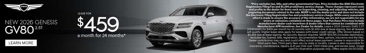 New 2026 Genesis GV80 2.5T Lease for $459 a month for 24 Months*