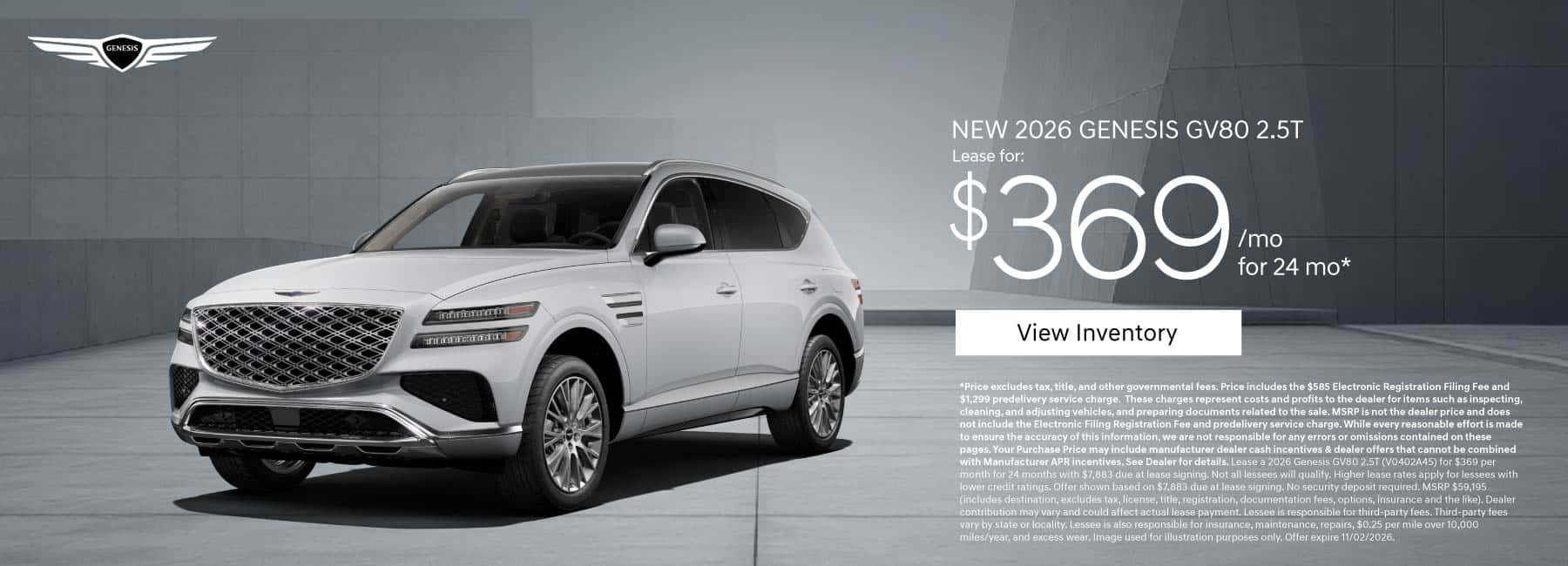 New 2026 Genesis GV80 2.5T Lease for $369 a month for 24 Months*