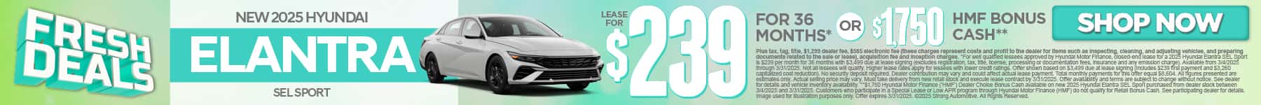2025 Hyundai Elantra SEL Sport $239 for 36 months* or $1,750 HMF Bonus Cash**