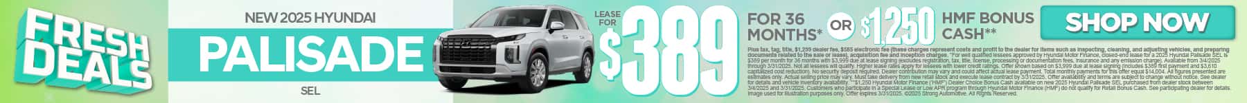2025 Hyundai Palisade SEL $389 for 36 Months* or $1,250 HMF Bonus Cash**