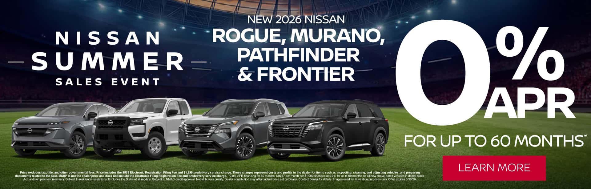 New 2026 Nissan Rogue, Murano, Pathfinder and Frontier 0% APR for up to 60 months*