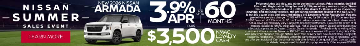 New 2026 Nissan Armada | 3.9% APR for up to 60 Months* PLUS $3,500 NMAC Loyalty Cash**