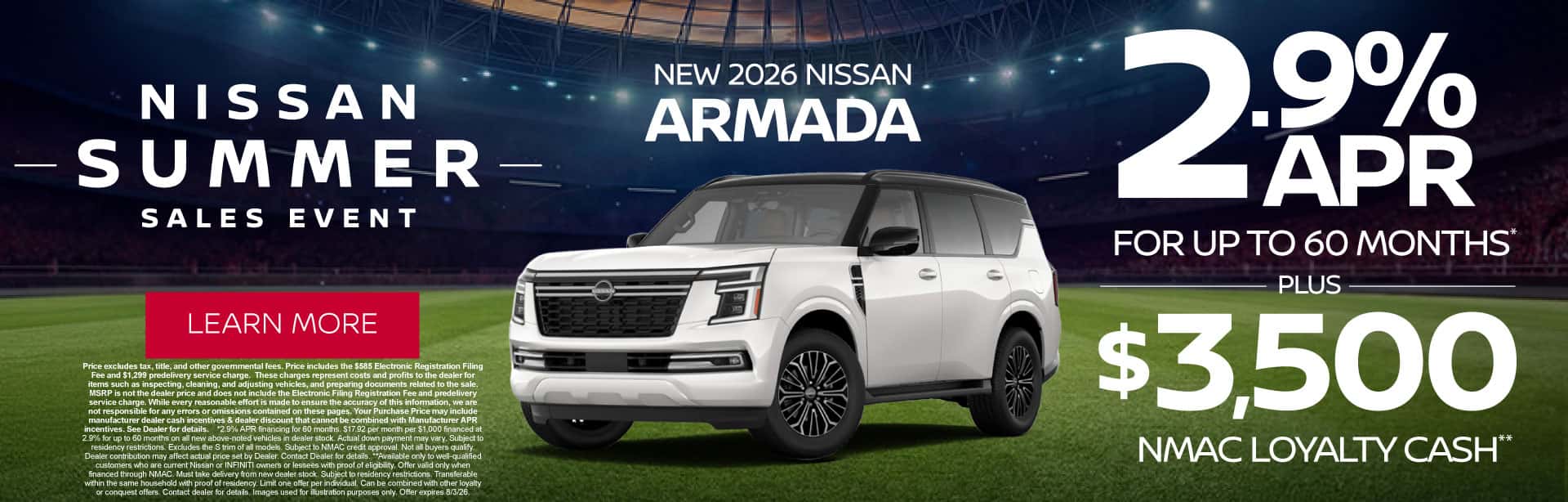 New 2026 Nissan Armada 2.9% APR for up to 60 Months* PLUS $3,500 NMAC Loyalty Cash**