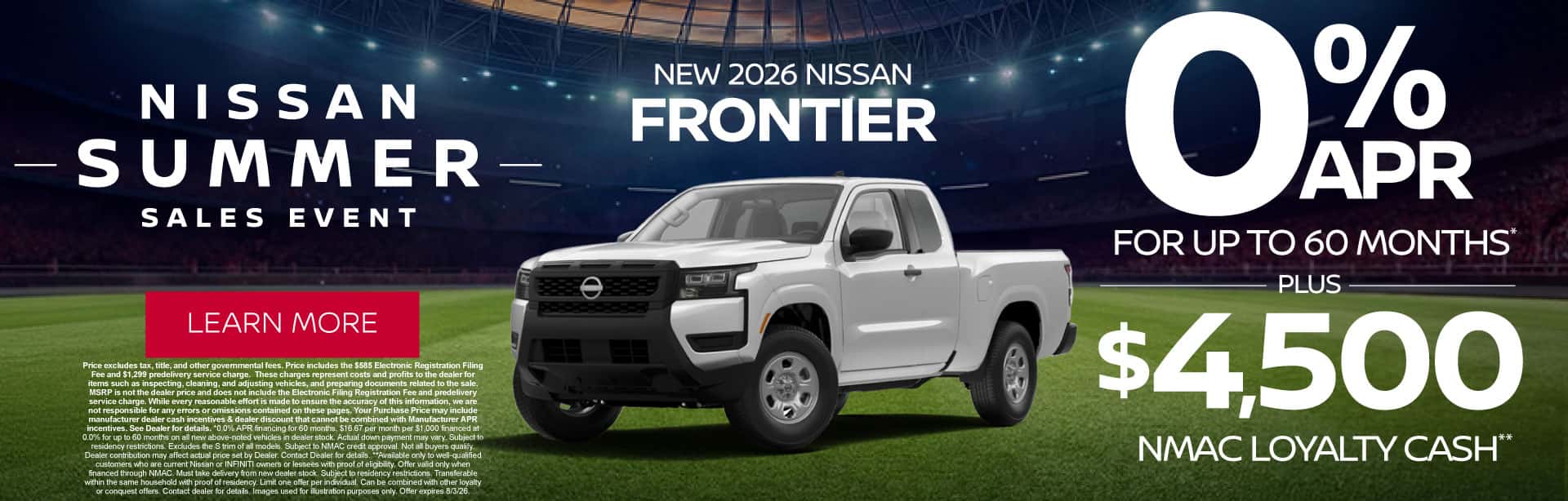 New 2026 Nissan Frontier 0% APR for up to 60 months* PLUS $4,500 NMAC Loyalty Cash**