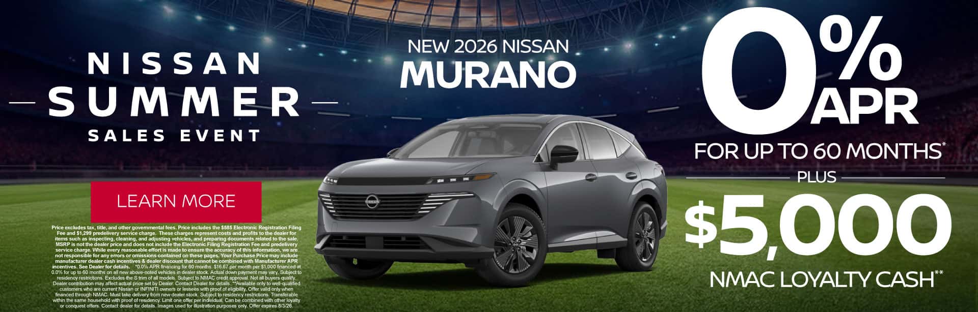 New 2026 Nissan Murano 0% APR for up to 60 months* PLUS $5,000 NMAC Loyalty Cash**