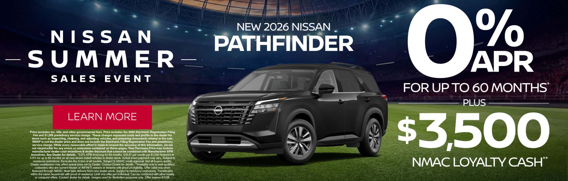 New 2026 Nissan Pathfinder 0% APR for up to 60 months* PLUS $3,500 NMAC Loyalty Cash**