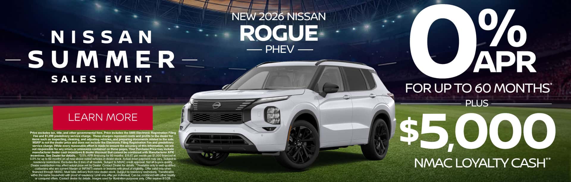 New 2026 Nissan Rogue PHEV 0% APR for up to 60 months* PLUS $5,000 NMAC Loyalty Cash**