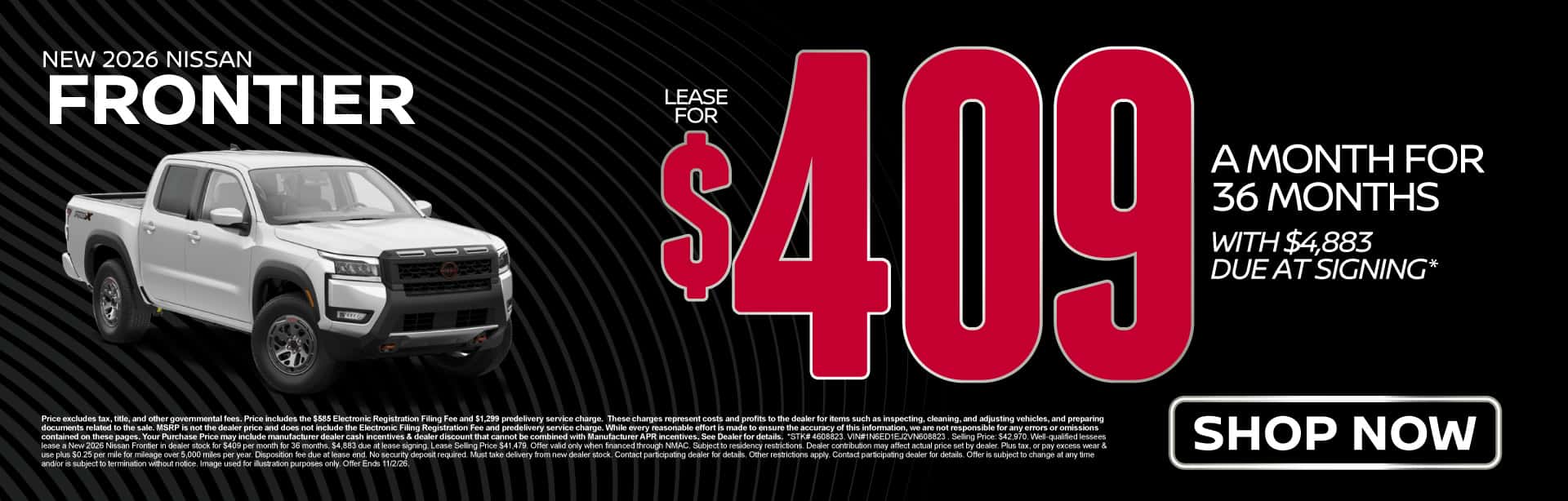 New 2026 Nissan Frontier Lease for $409/mo for 36 months with $4,883 due at signing*