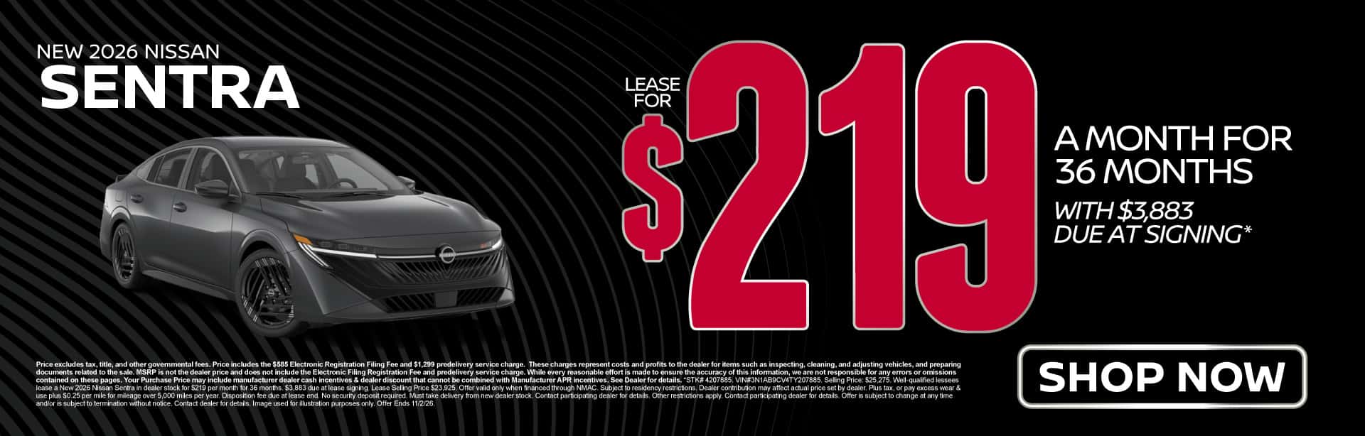 2026 Nissan Sentra Lease for $219/mo for 36 months with $3,883 due at signing*