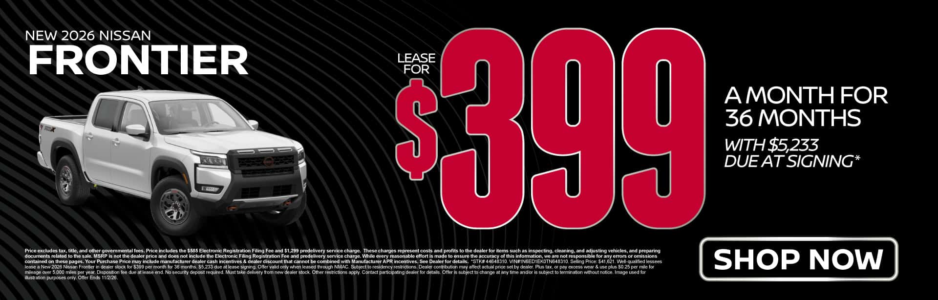 New 2026 Nissan Frontier Lease for $399/mo for 36 months with $5,233 due at signing*