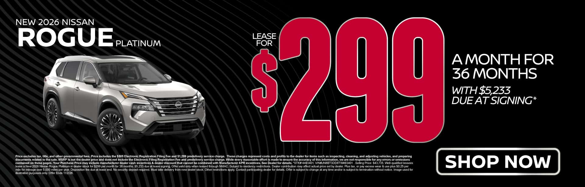 New 2026 Nissan Rogue Platinum Lease for $299/mo for 36 months with $5,233 due at signing*