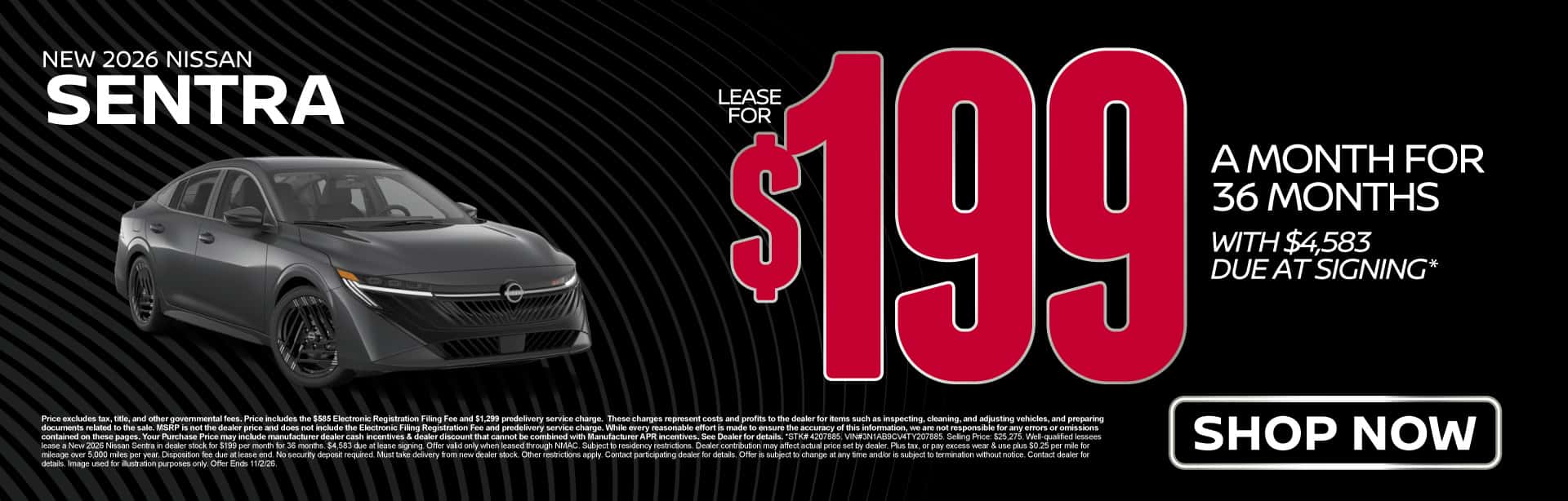 2026 Nissan Sentra Lease for $199/mo for 36 months with $4,583 due at signing*