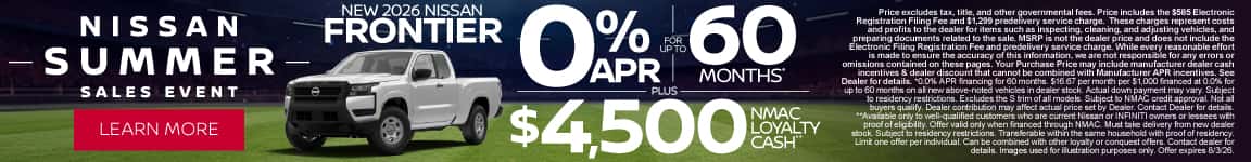 New 2026 Nissan Frontier 0% APR for up to 60 months* PLUS $4,500 NMAC Loyalty Cash**