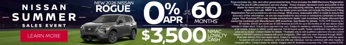 New 2026 Nissan Rogue 0% APR for up to 60 months* PLUS $3,500 NMAC Loyalty Cash**