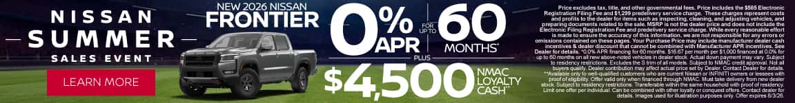 New 2026 Nissan Frontier 0% APR for up to 60 months* PLUS $4,500 NMAC Loyalty Cash**