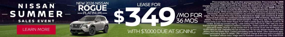 New 2026 Nissan Rogue Platinum Lease for $349/mo for 36 months with $3,000 due at signing*