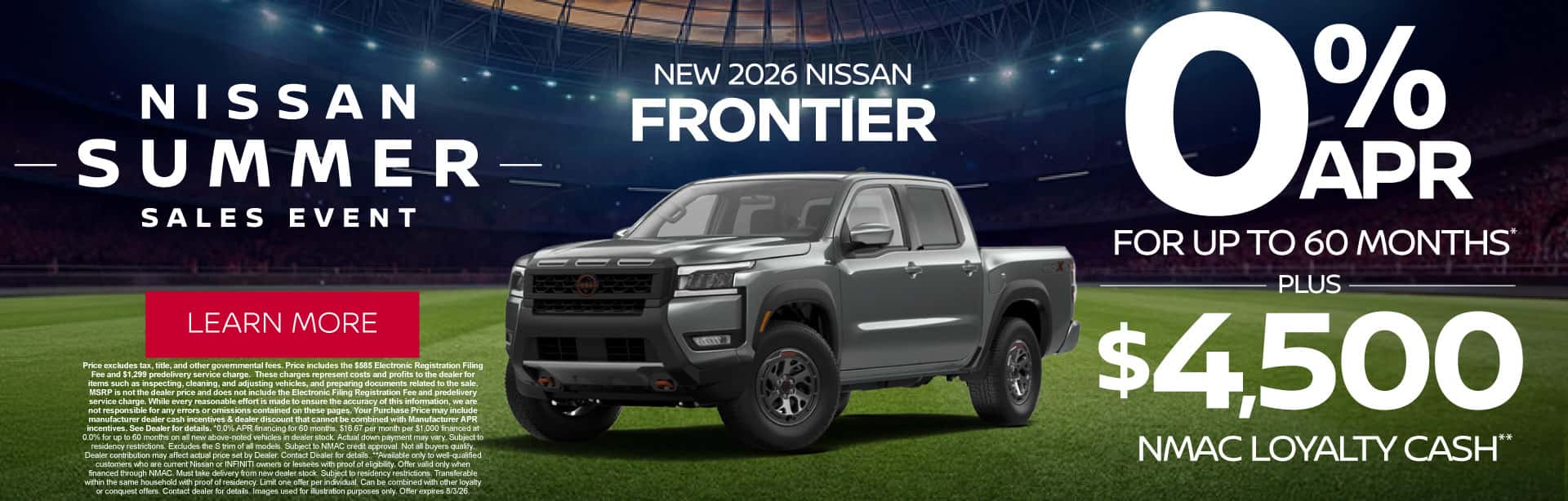 New 2026 Nissan Frontier 0% APR for up to 60 months* PLUS $4,500 NMAC Loyalty Cash**