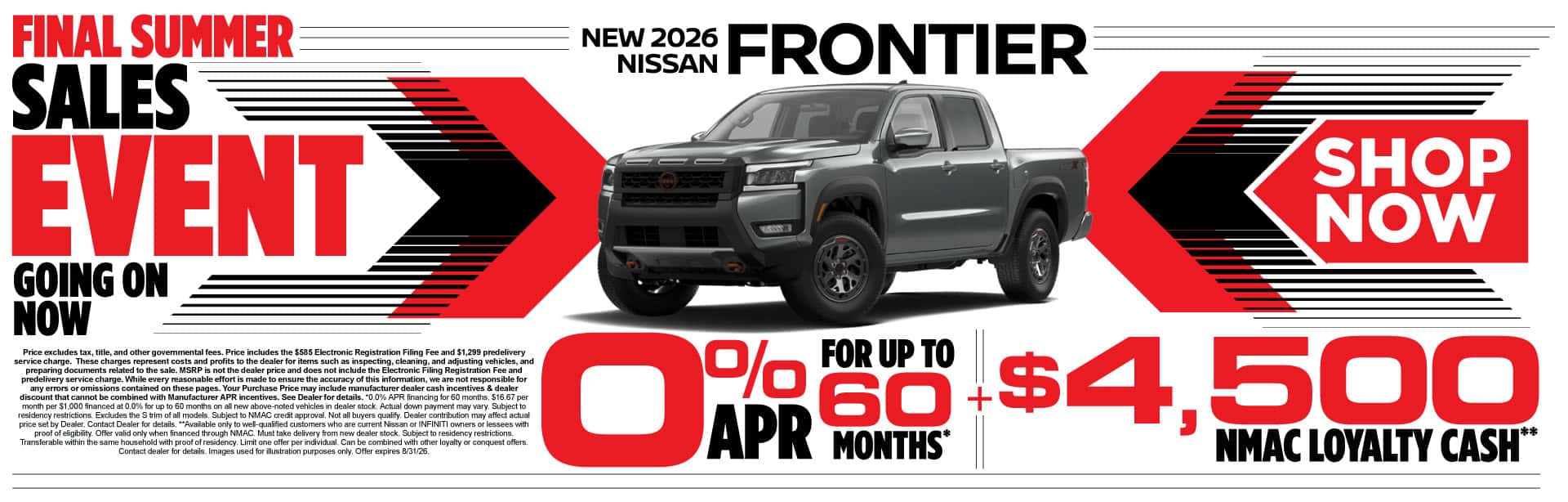 New 2026 Nissan Frontier 0% APR for up to 60 months* PLUS $4,500 NMAC Loyalty Cash**