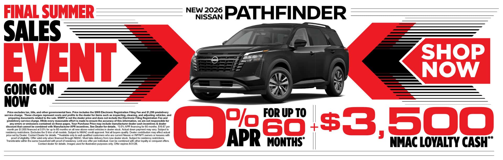 New 2026 Nissan Pathfinder 0% APR for up to 60 months* PLUS $3,500 NMAC Loyalty Cash**