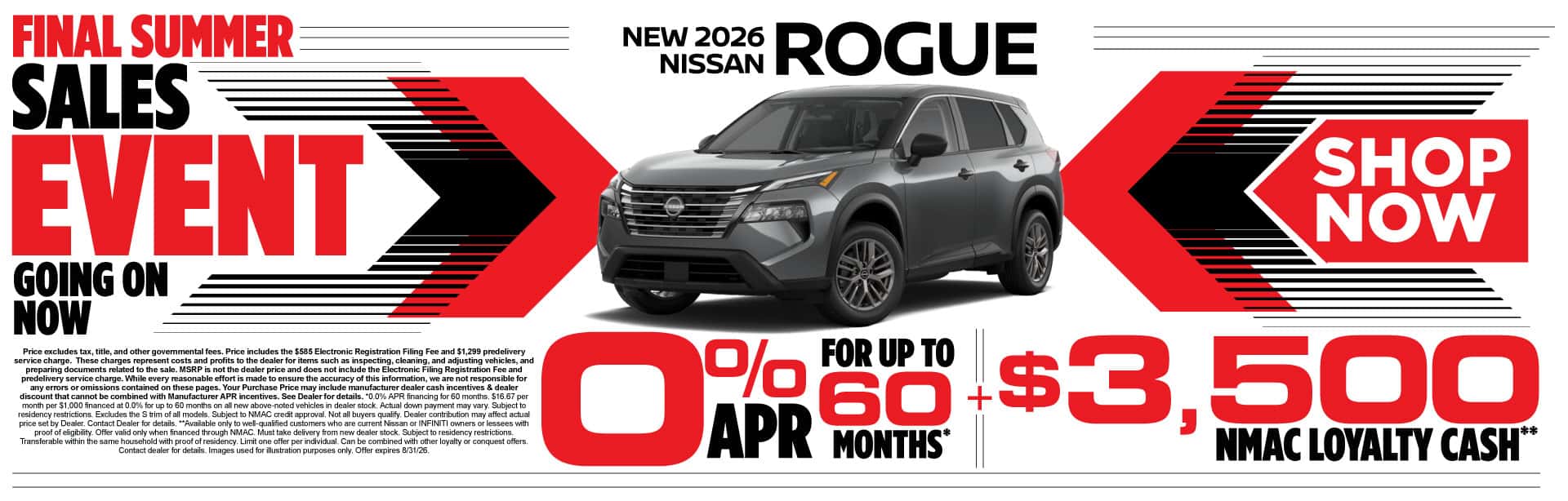 New 2026 Nissan Rogue 0% APR for up to 60 months* PLUS $3,500 NMAC Loyalty Cash**
