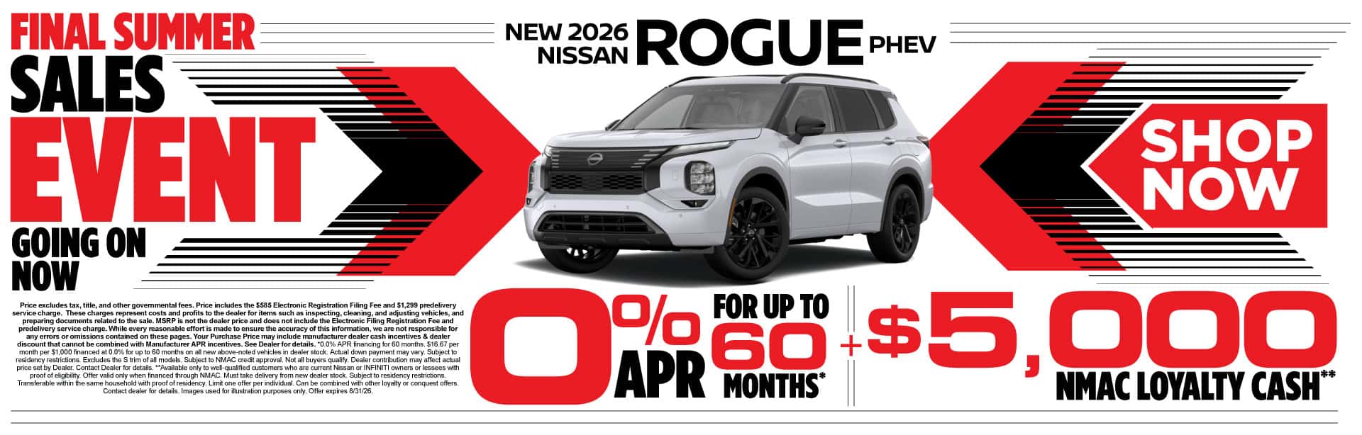 New 2026 Nissan Rogue PHEV 0% APR for up to 60 months* PLUS $5,000 NMAC Loyalty Cash**