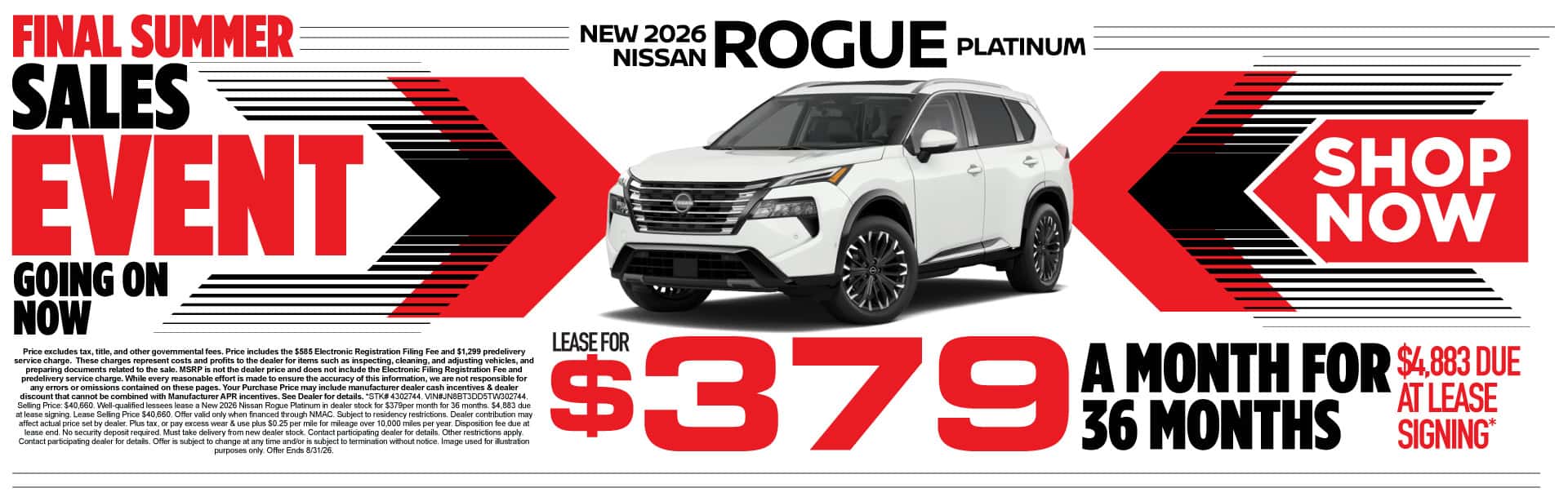 New 2026 Nissan Rogue Platinum Lease for $379/mo for 36 months with $4,883 due at signing*