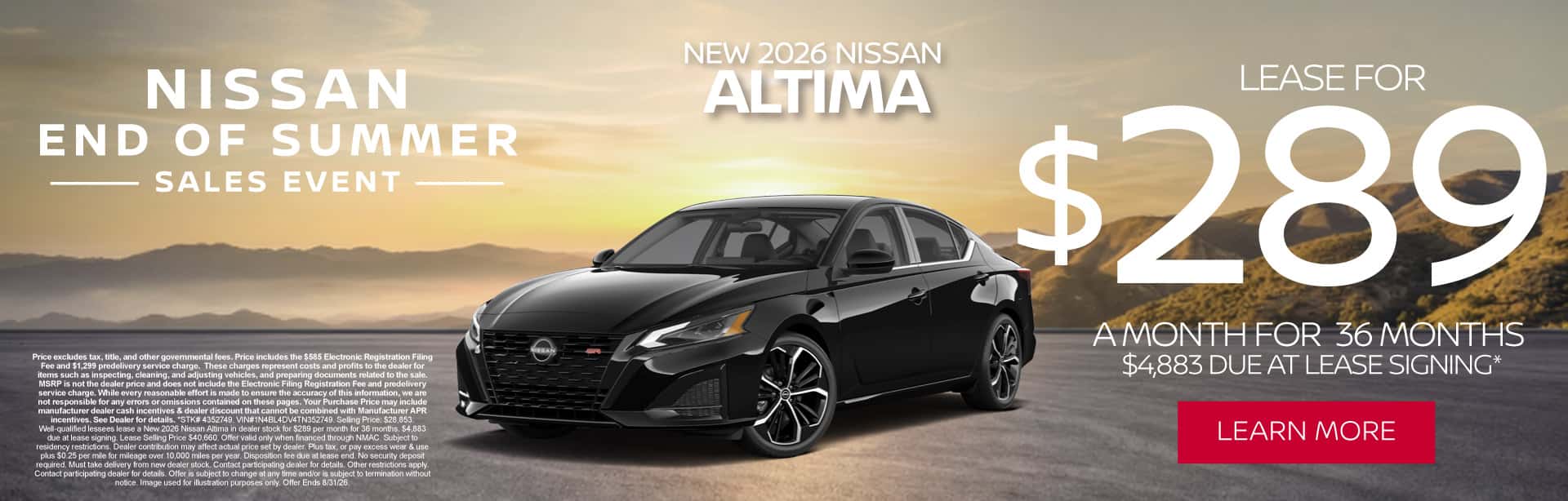 2026 Nissan Altima Lease for $289/mo for 36 months with $4,883 due at signing*