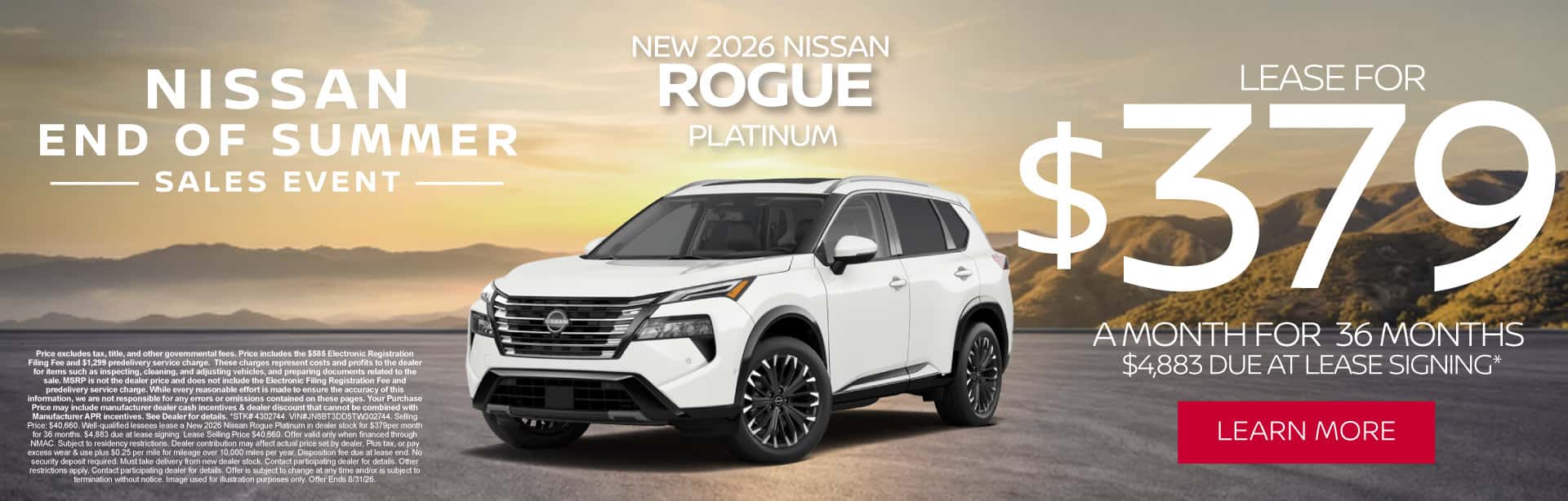 New 2026 Nissan Rogue Platinum Lease for $379/mo for 36 months with $4,883 due at signing*